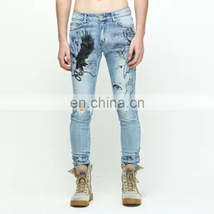DiZNEW 2020 Wholesale Custom Slim Fitting Printed Ripped Denim Jeans Men thumbnail-1