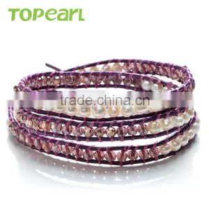 Topearl Jewelry Potato White Freshwater Pearl and Faced Amethyst Bracelet Woven Leather Wrap Bracelets for Best Friends CLL166 thumbnail-1