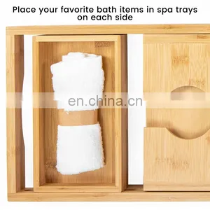 Luxury Extendable Bathtub Caddy Trays Natural Bamboo Bathroom Bed Organizer Tray Bamboo Bathtub Caddy Tray thumbnail-5