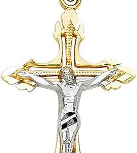14K Real Gold Two Tone Linear Jesus Cross Pendant - 25x16 MM Crucifix Charm Necklace Pendant thumbnail-1