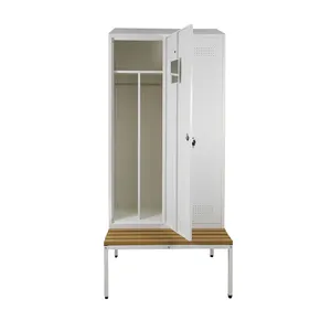 2 Doors White Metal Clothes Locker Customized Storage Cabinet Sloping Top Steel Gym Locker With Bench thumbnail-2
