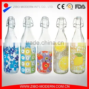 Clear or Decorative Glass Water Bottle With Top Clips 1000ml thumbnail-1