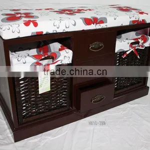 Indoor Wooden Bench Seat With Wicker Storage Drawer thumbnail-1