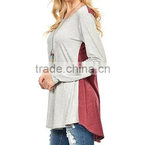 Women Fashion Long Sleeve Heather Gray Charcoal Color Block Hi-Low Tunic Tops Blouses Wholesale thumbnail-6