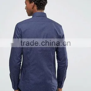 High Quality Long Sleeve Spread Collar Mens Pre-Shrunk 100% Cotton Breathable Slim Fit Casual Navy Point Printed Dress Shirts thumbnail-2