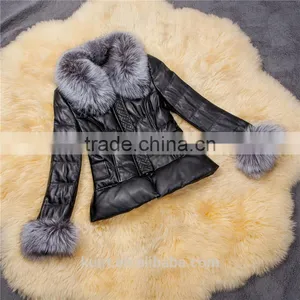 2016 New Women's Winter Fashion Imitation Faux Lether With Soft Faux Fox Fur Long Slim Fit Jacket Coat With Fox Fur Collar thumbnail-6