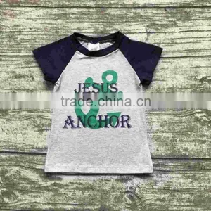 Baby Boy Shorts Sets Boutique Outfits Cute Cotton Jesus is my Anchor Top Shirts Raglans Summer Clothes Gray Black Kids Wear thumbnail-1