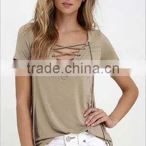 2017 Summer Europe and the United States V Collar Solid Color Tie Female T Shirt Shirt thumbnail-4