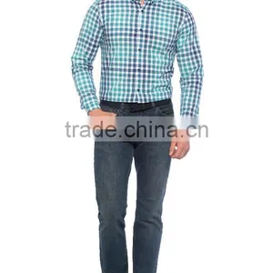 New Design Blue Check Skinny Long Sleeve Buttoned Men Fashino Shirt thumbnail-3