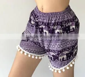 Vintage Bohomian Hippies Gypsy Girls Womens Pom Pom Trimming Shorts Elephant Ethnic Cotton Printed Ladies Viscose Beach Casual thumbnail-6