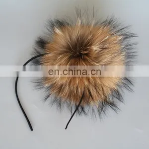 Natural Color Jumbo Raccoon Fur Pompom Accessory Hairband Hair Hoop thumbnail-3