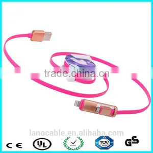 1m Noodle Flat 2 in 1 Retractable Micro Usb Cable for Mobile Phone thumbnail-2