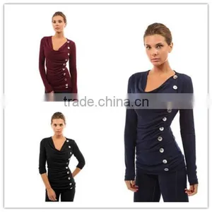 Fashion Womens Casual Ruffle Button Cotton Long Sleeve Fitness Blouse thumbnail-1