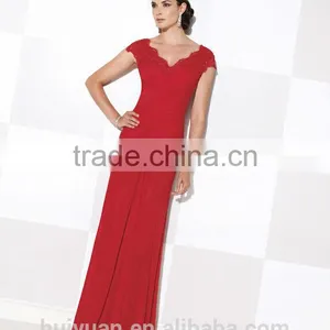 Elegant Chiffon Lace Cap Sleeve Deep v Neck Mother Dress Prom Dress Patterns thumbnail-1