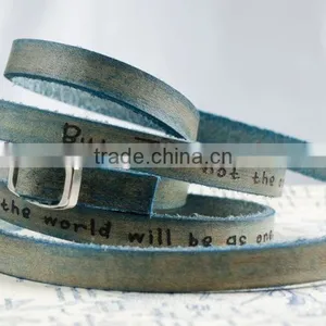 Words/text Engraved Leather Wrap Bracelet, Custom Logo Hand-stamped Leather Bracelet, Adjustable Long Leather Wrap Bracelet thumbnail-1