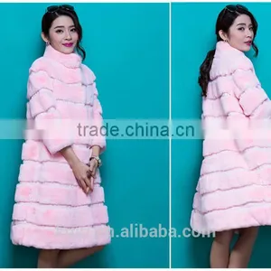 New Designer 80cm Vintage Natural Rex Rabbit Chinchilla Fur Winter Long Coat Jacket With Fur Collar For Women thumbnail-3
