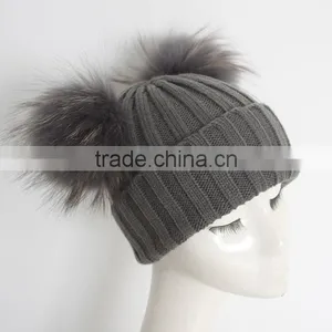 Myfur Dark Grey Wool Knitting Hat With Detachable Raccoon Fur Pom Poms thumbnail-5