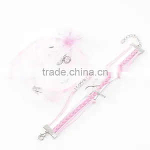 Wax Rope Braiding Bracelets Pink & White Antique Silver Cross & Infinity Symbol Findings "Love" Carved 20cm Long,Newest thumbnail-1