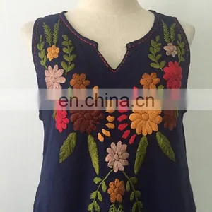 Beautiful Collection 100% Cotton Fabric Tunic Elegent Hand Embroidery Mexican Style Fashion Long Blue Tunic Dress thumbnail-2