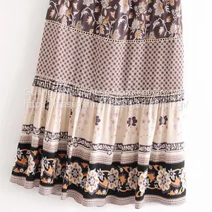 Wholesales Summer Half-length Skirt Retro Rayon Placement Printing 100% Rayon Cotton Tassel Elastic Waist Long Skirt Female thumbnail-4