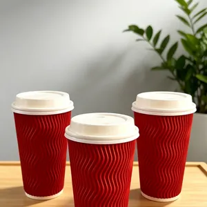 Biodegradable Custom Logo Double Ripple Wall Hot Coffee Paper Cup With Lid thumbnail-5