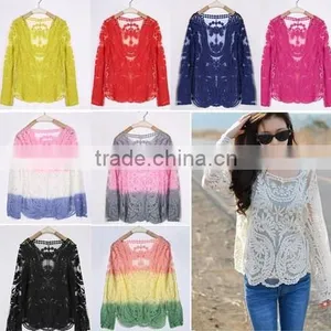 2015 Instyles <span Class="wholesale_product"></span> Lady Semi Sexy Sheer Sleeve Embroidery Lady Floral Lace Crochet Tee t Shir thumbnail-1