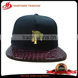 Acrylic Crown and Alligator Leather Brim Metal Logo Strapback Snapback Cap 6 Panel Baseball Cap thumbnail-2