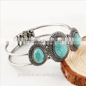 New Hot Vintage Style Tibetan Silver Round Turquoise Bracelet Alloy Bangle Jewelry thumbnail-2