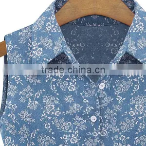 2014 New Design Denim Floral Print Sleeveless Dress , Polo Collar Dress thumbnail-2