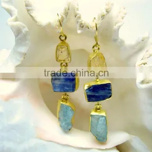 Aquamarine Citrine & Kyanite Rough Gemstones Earrings, 925 Solid Sterling Silver Earrings, Designer Vermeil Dangle Earrings thumbnail-1