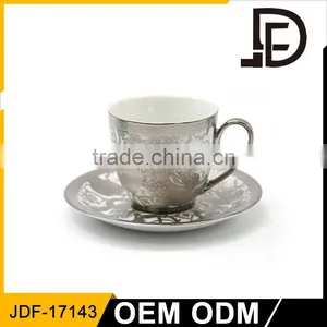 Coffee Cup Set Custom Logo / Silver Pattern Words Printing Coffee Cup Saucer thumbnail-1