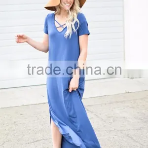 Floor Length Dress Pattern Short Sleeve Crisscross Neck Slit Design Maxi Dress One Piece Long Dress thumbnail-3