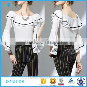 2017 Wholesale Summer Women Big Round Neck Ruffle Sleeve Fashion Chiffon Blouse thumbnail-1
