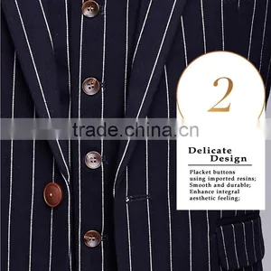 2017 Latest Design 3 Pieces Suits With Long Blazer Waistcoat and Pants Dark Blue Stripe Suite Made in China thumbnail-5