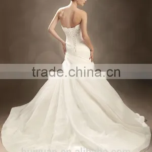 White Satin Beaded Mermaid Strapless Wholesale Bridal Gowns thumbnail-2