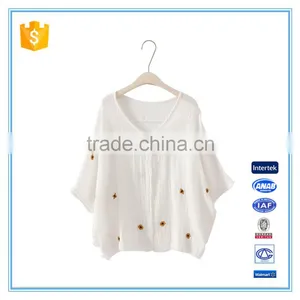Half Sleeves V Neck Cotton Embroidery Breathable Fashion Lady Shirt thumbnail-1