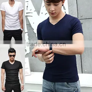Bulk Wholesale Men's V-Neck Short Sleeve T-Shirt Slim Basic Tee Top Plain T Shirts For Printing thumbnail-5