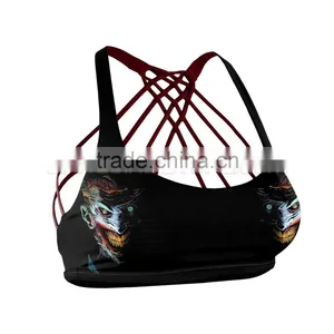 Joker Clown Face Black Fitness Bra With Multiple Tangled Stripes and Contrasting Color Inside thumbnail-1