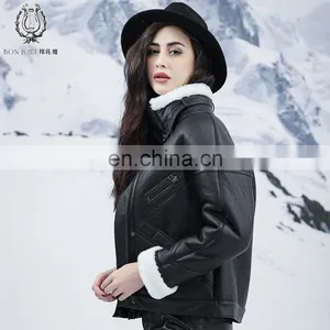 Cool Style Black Genuine Leather Jacket Women's Merino Sheepskin Fur Coat Punk Real Fur And Leather Jacket thumbnail-3
