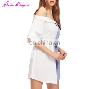 Hot Sale Halter Striped Short Sleeve Overbust Sexy Midi Off - Shoulder Dress thumbnail-3