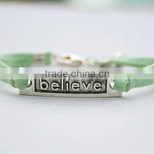 Custom Gift Leather Cord Antiqued Silver Believe Charm Bracelet thumbnail-1