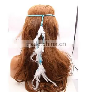 New and Fashion Women Double Layers Braided Hairband Colorful Feather Leaf Pendant Head Band thumbnail-1