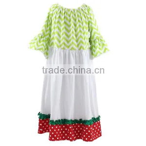 3/4 Sleeve Christmas Girl Dress Baby Girl Christmas Maxi Dress White and Green Ruffle Chevron Girls Christmas Dress thumbnail-1