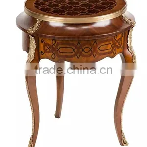 Handmade Marquetry Square Wood Coffee Table Vintage Living Room Furniture Solid Wood Carved Side Table With Bronze Side Handles thumbnail-3