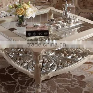 Luxury White Color Solid Wood Hand Carved Living Room Furniture Glass Top Square Coffee Table thumbnail-1