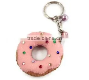 China Wholesale Donut Key Ring Handmade Design Pink Fabric Crystal Decor Craft Promotion Kawaii Felt Pony Bead Keychain Patterns thumbnail-1