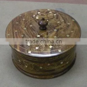 Wooden Hand Carved Flat Candy Box With Brass Work thumbnail-1