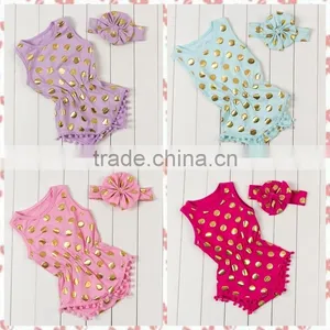 Popular Gold Dot Printed Kids Jumpsuit Harem Pompom Headbands Baby Sleeveless Romper thumbnail-3