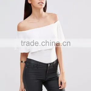 MGOO Women Slinky Bardot Bodysuit With Frill Overlay Plain White Sexy Off Shoulder Bodysuit Playsuit thumbnail-2