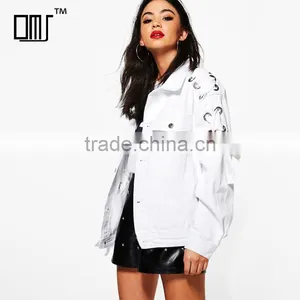 Lace up Eyelet White Denim Jacket New Fashion Wholesale Women Street Wear thumbnail-1